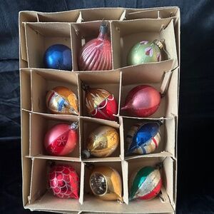 12 count Vintage blown glass small Christmas ornaments, color & shape variety